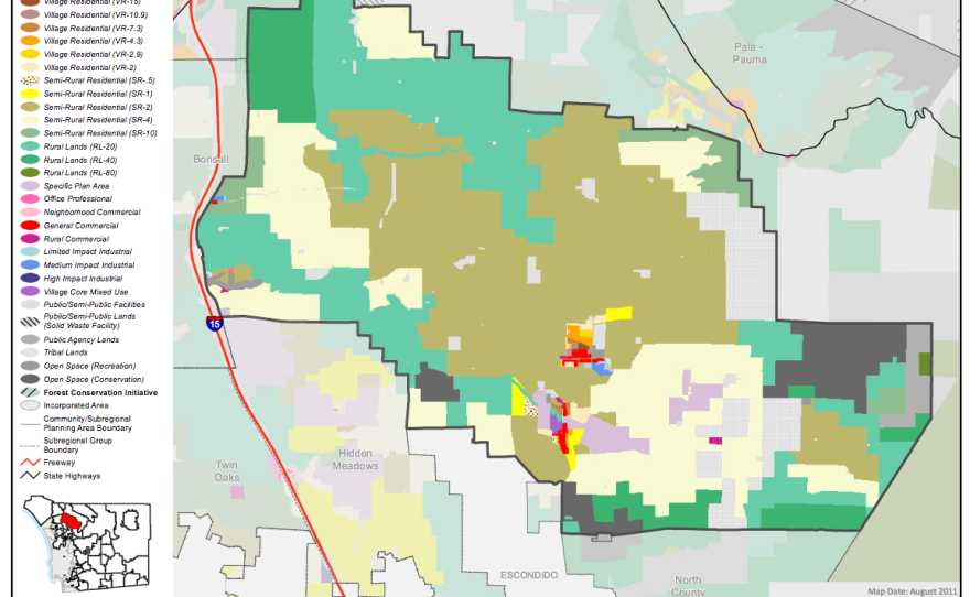 Valley Center Land Use Map from San Diego County's General Plan, passed in 2011. 
West Lilac Road is on the west side, a few miles from Interstate 15 