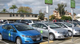 Three hybrid Honda Insights are parked on San Diego State University campus, Dec. 9, 2009.