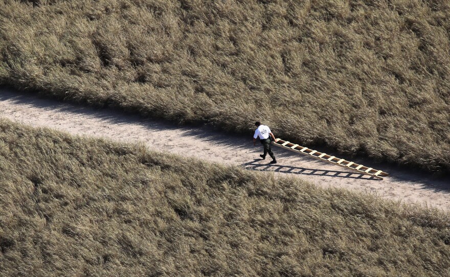 A U.S. Border Patrol agent removes a ladder used by unauthorized immigrants to climb a border fence on Oct. 18, 2016 near McAllen, Texas.