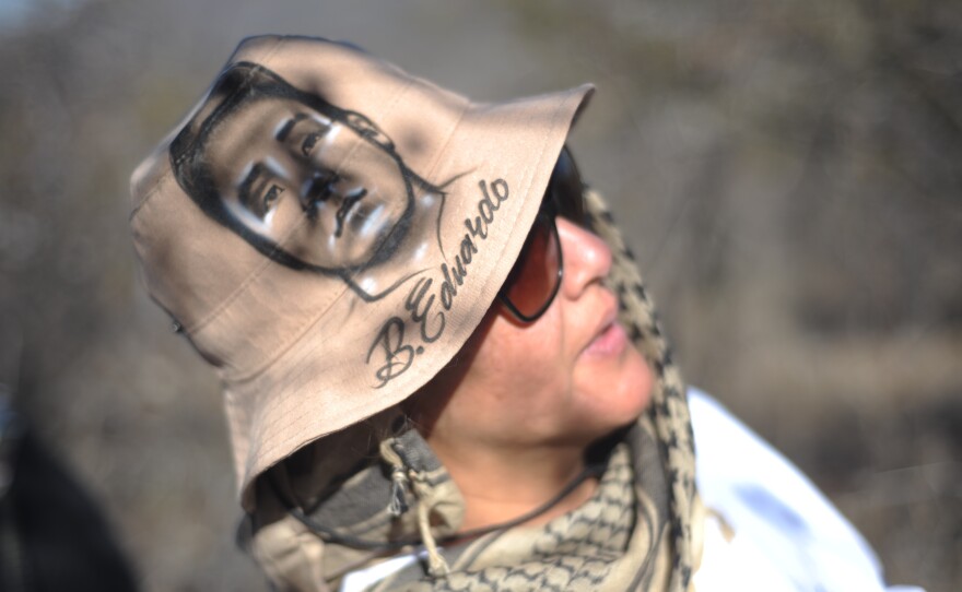 Virginia Garay is part of a national search brigade in Mexico, digging in hidden graves and elsewhere for her missing son, who is pictured on her hat. Her son, Bryan, went disappeared when he was 19 years old in February 2018.