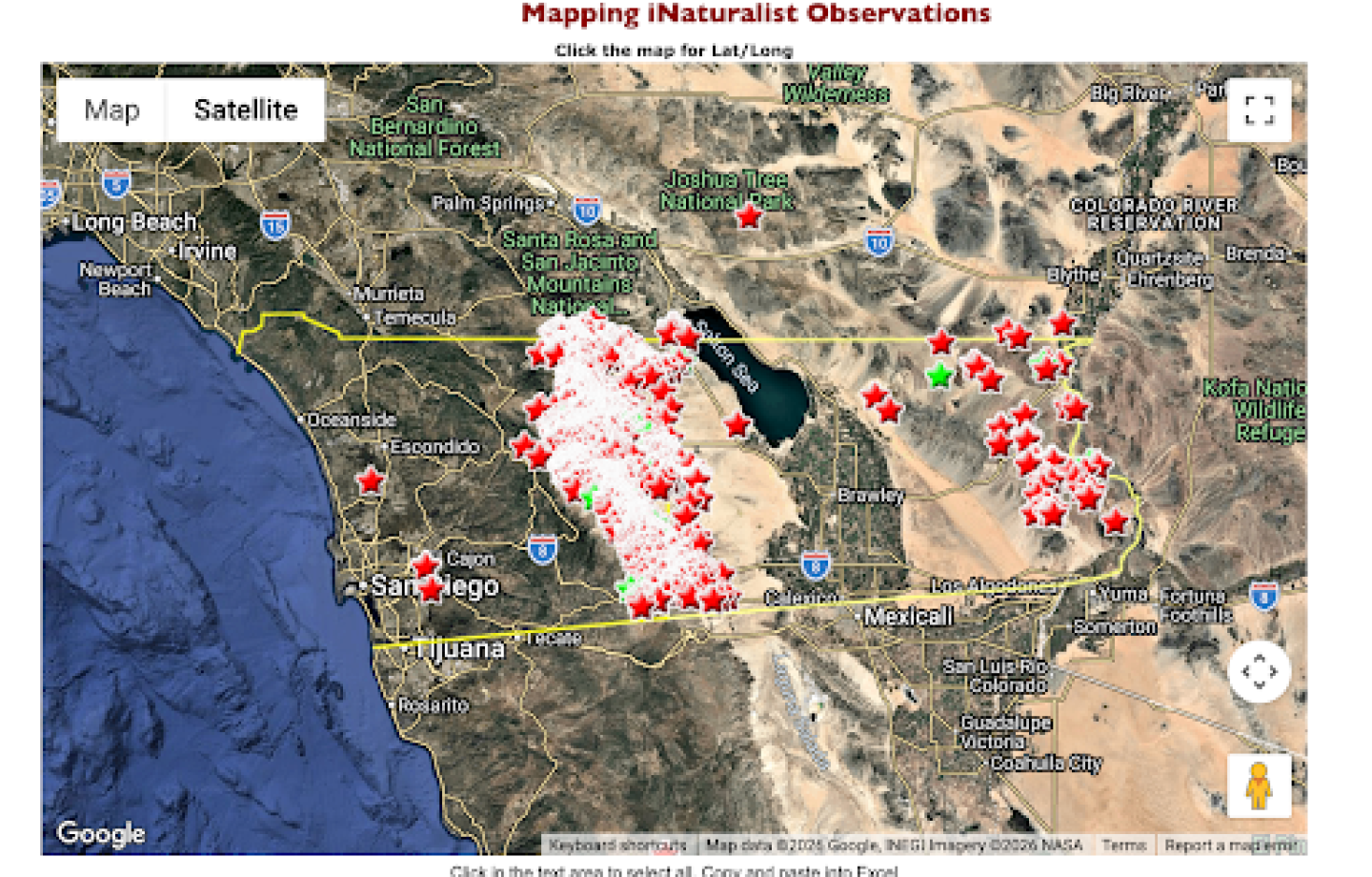 A map showing SDNHM's collected specimens of California Barrel Cactus (Ferocactus cylindraceus) plus verified iNaturalist app observations in the region.
