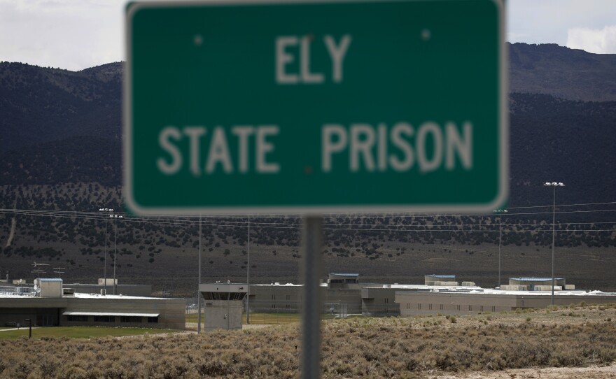 A sign marks the entrance to Ely State Prison in Nevada, where a state redistricting law requires that people incarcerated in state prisons be counted according to their last known addresses if they were living in the state immediately before they were imprisoned.