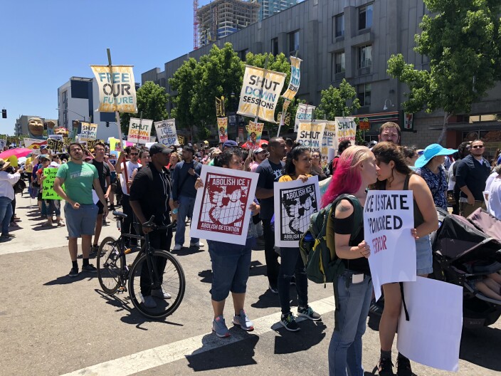Demonstrators attend the "Free Our Future" event in San Diego to protest zero-tolerance immigration policies that have led to family separations and ramped up prosecutions, July 2, 2018.