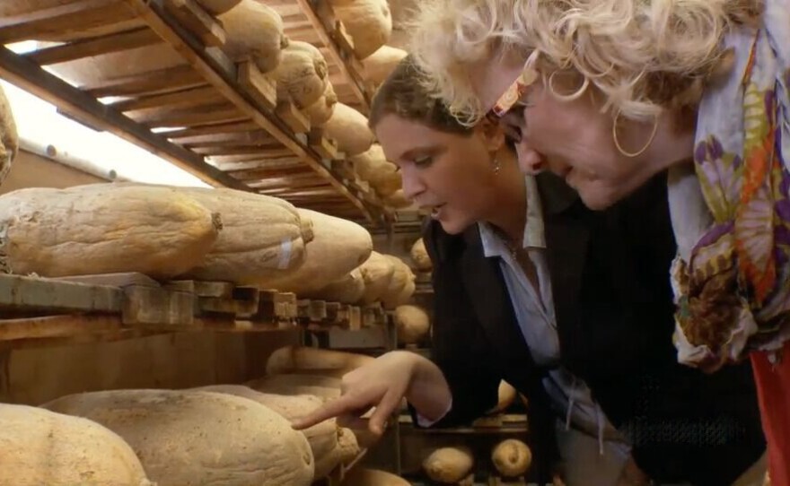 Kyra Rude shows Host Nan Sterman how Rincon-Vitrova Insectary grows the lindorus beetle, a beneficial predator to insect scale, on banana squash in the episode "Beneficial Insects."