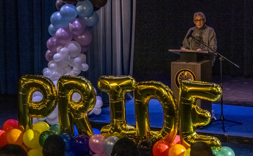Jennifer Campbell, San Diego City Council District 2, shares her personal story at the opening ceremony for the Mesa College Pride Center, San Diego, Calif., February 22, 2023.