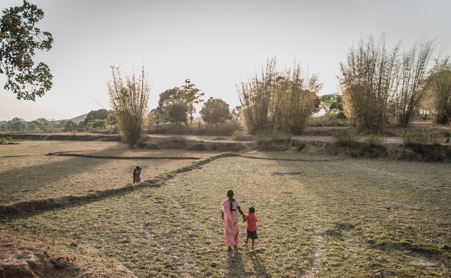 Seteng Horo and her son, Abishiek, walk toward her husband, Kunwar, who's working in the fields.