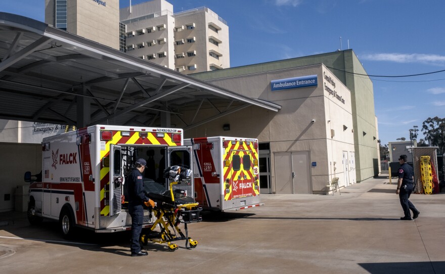 FALCK ambulances parked outside Scripps Mercy Hospital in San Diego, Calif. Feb. 16, 2023.
