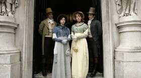 John Thorpe (William Beck), Catherine Morland (Felicity Jones), Isabella Thorpe (Carey Mulligan) and James Morland (Hugh O’Conor).