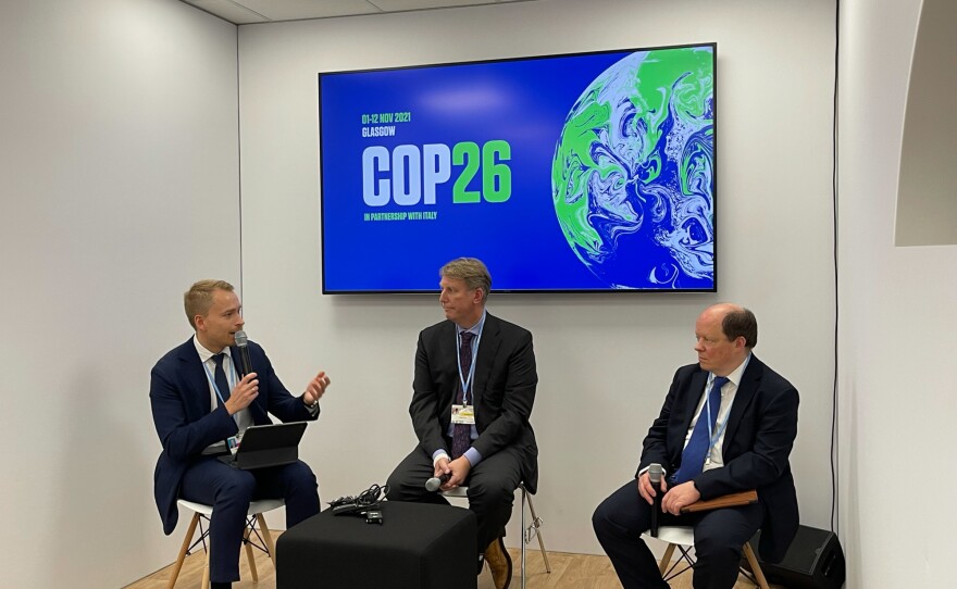 Russia held a public discussion inside the summit this week with two oil and gas company executives, which protesters disrupted. Denis Deryushkin (left) of the Russian Energy Agency moderated the session with Nigel Dunn (center), a senior vice president at BP and Sergey Vakulenko (right), head of strategy and innovations at Gazprom Neft.