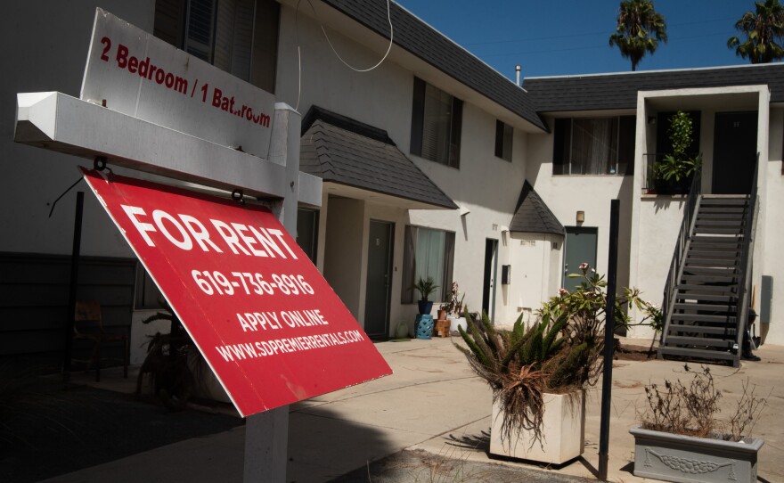 A "For Rent" sign stands outside of an Oceanside housing unit, Sept. 8, 2025.