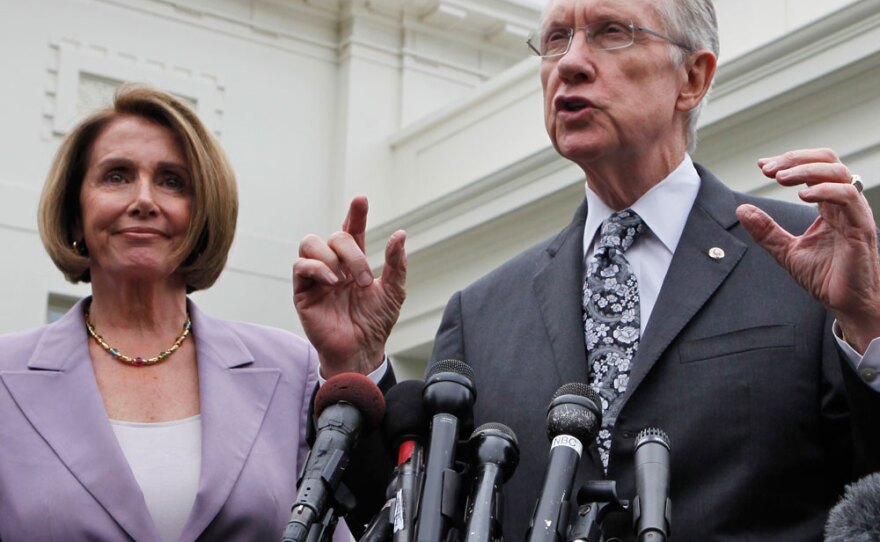 Senate Majority Leader Harry Reid of Nevada and House Speaker Nancy Pelosi of California talk to reporters about the health care overhaul after meeting with President Barack Obama at the White House.