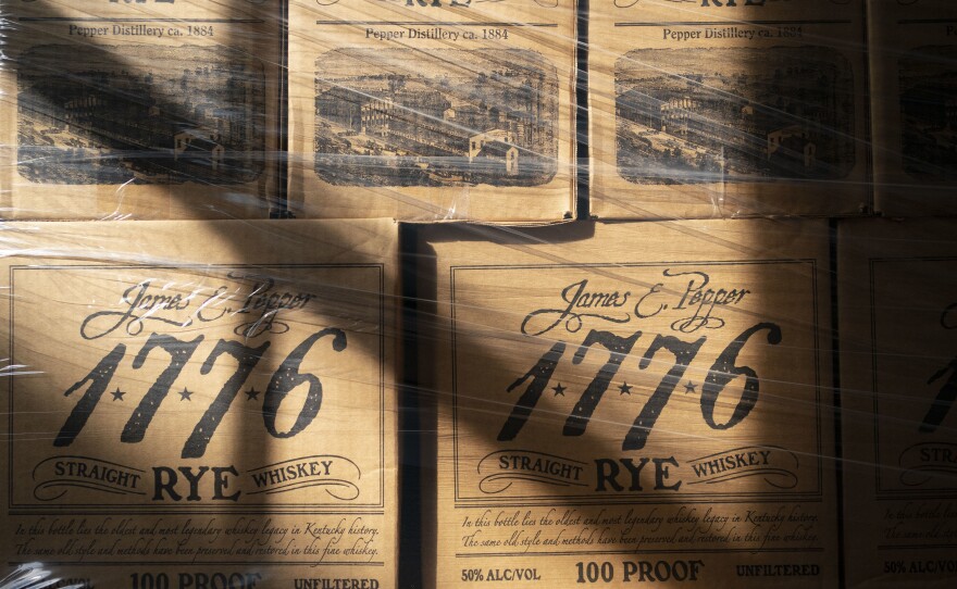 Boxes are stacked at the James E. Pepper Distillery.