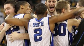 Members of the Duke Blue Devils celebrate a win against the Baylor Bears during the South regional final of the 2010 NCAA Men's Basketball Tournament on Sunday at Reliant Stadium in Houston.