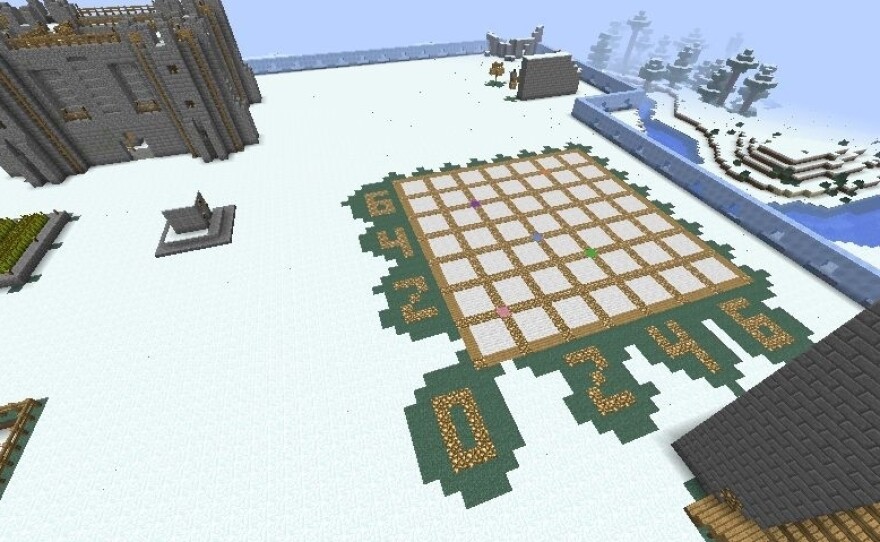 Students in one 5th-grade class in Louisville have been experimenting with grids by using the game Minecraft. Various plates on the grid (above) light up when they're stepped on.