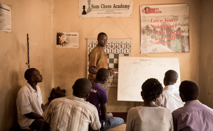 Robert Katende teaches a class at the Katwe Chess Academy, which he founded in 2003.