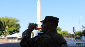National stand guard near the Washington Monument at the national mall, during an Independence Day event honoring the nation's 250th anniversary on Saturday.