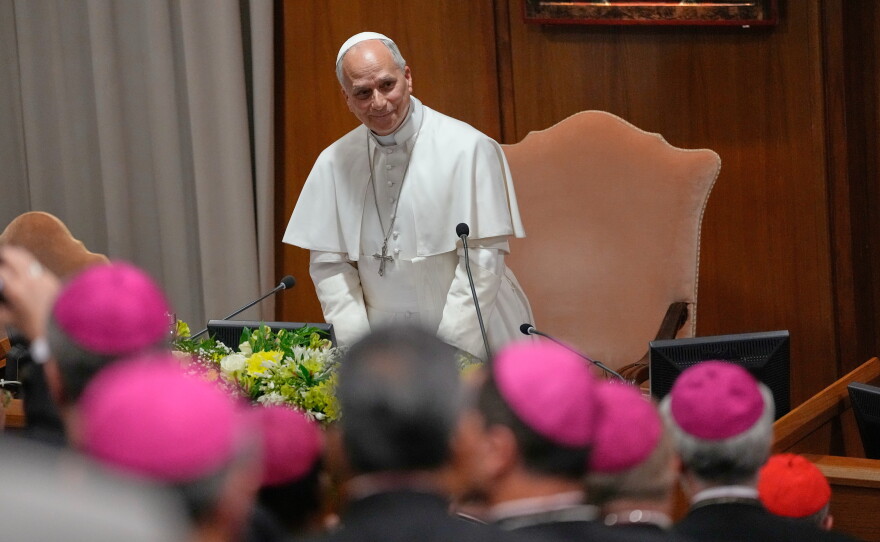 Pope Leo XIV attends the presentation of his first encyclical, "Magnifica humanitas," at the the Vatican on May 25, 2026.