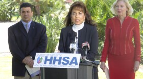 Debra Zanders-Willis, center, Director, County of San Diego Health and Human Services Agency (HHSA) Child Welfare Services, talks about the resources available to parents and caretakers to prevent or stop child abuse. Also: Nick Macchione, left, Director, HHSA, and Chairwoman Pam Slater-Price, right, County of San Diego Board of Supervisors.