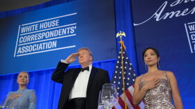 President Donald Trump attends the White House Correspondents' Association Dinner, at the Waldorf Astoria Washington DC, Friday, July 24, 2026, in Washington, with with WHCA president Weijia Jiang, right and White House press secretary Karoline Leavitt.