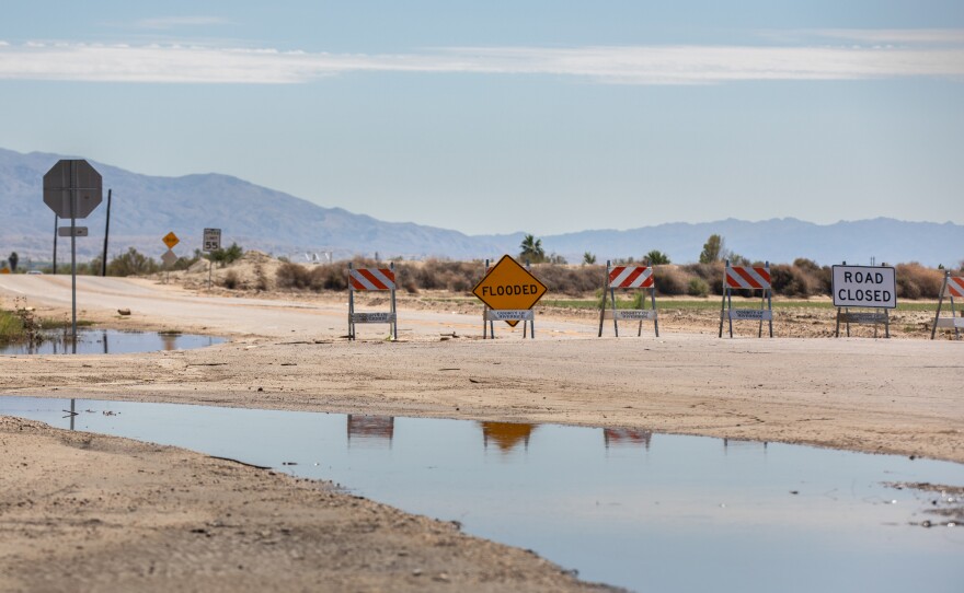A closed off road due to flooding from Hurricane Hilary in the Coachella Valley on Aug. 23, 2023.