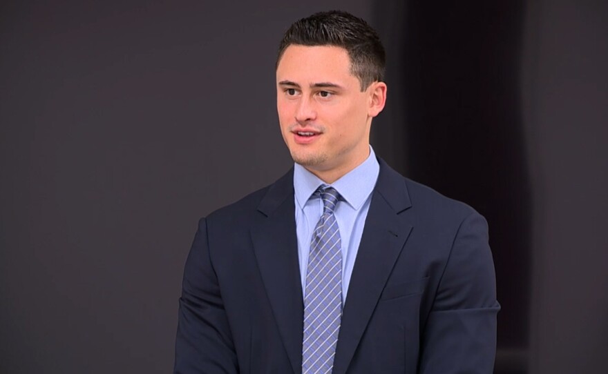Matt Araiza speaking to reporters at his attorney's office after being dropped from a civil lawsuit accusing him of rape, Dec. 13, 2023.