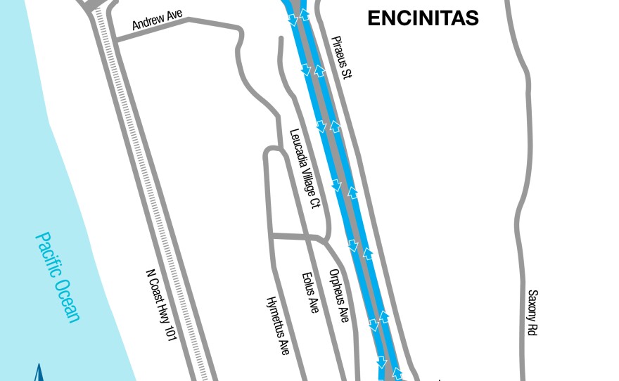 A map of the tramp closure of the northbound I-5 off-ramp to Leucadia Boulevard, Dec. 18, 2020.