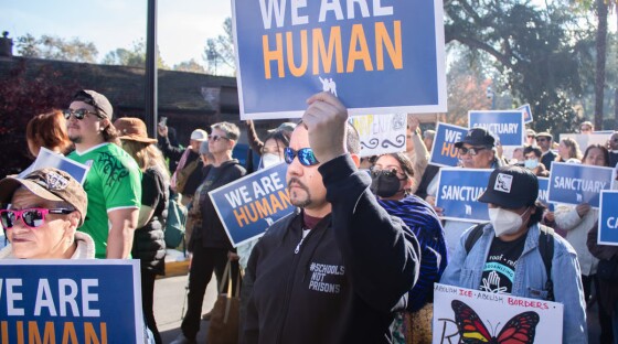 Immigrant rights advocates and supporters participate in a rally Monday, Dec. 2, 2024, at the State Capitol in Sacramento.