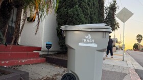 A city of San Diego trash bin sits on the curb in North Park on Oct. 30, 2025.