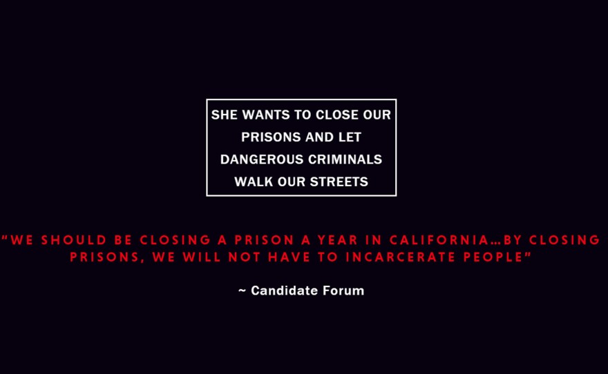 A screenshot of ThreattoSanDiego.com is displayed, May 14, 2018. The website claims San Diego County district attorney candidate Geneviéve Jones-Wright wants to close prisons and release criminals.