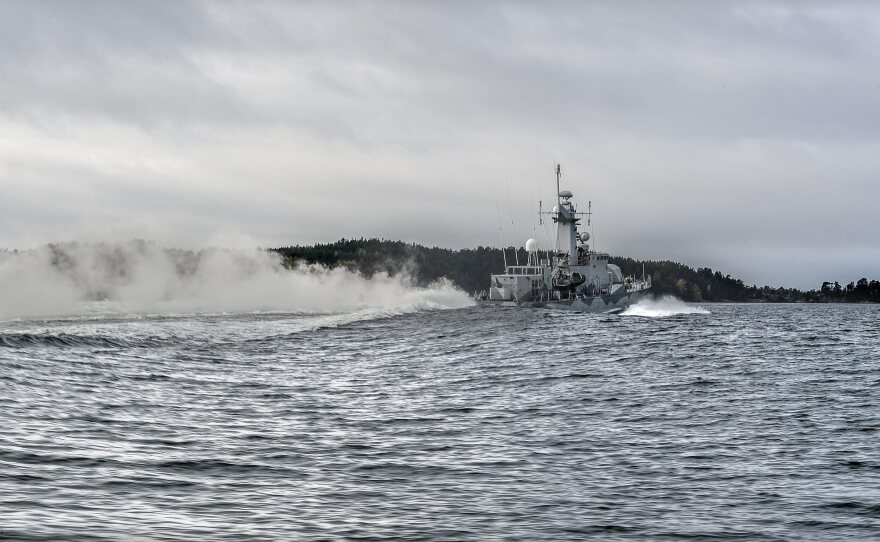 Swedish corvette HMS Stockholm patrols Jungfrufjarden in the Stockholm archipelago, Sweden, on Monday. Swedish authorities say they've detected "foreign underwater activity" thought to be a possible Russian submarine.