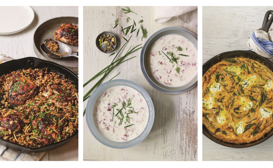 Beyond the fruit-sweetened stuff: Around the world, cooks turn to yogurt for a huge variety of culinary delights. From left: cast-iron chicken marinated in a yogurt-spice blend and topped with the Middle Eastern grain freekeh; a Persian cold yogurt soup; shitake frittata with labneh, kale and shallots. From Yogurt Culture by Cheryl Sternman Rule.