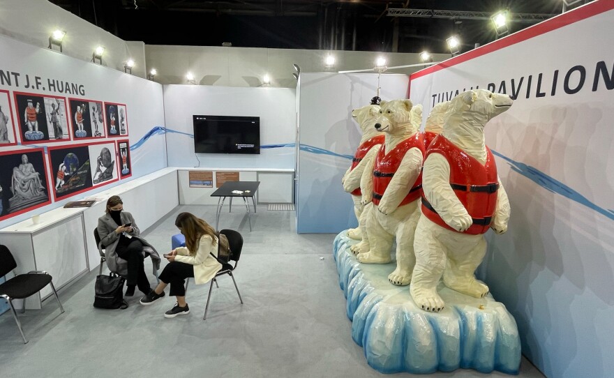 The Tuvalu pavilion at COP26 emphasizes the impact global warming is having on small island chains. The South Pacific archipelago is losing land to rising seas and is seeking financial help to build up its land to a higher elevation by dredging sand from the ocean floor. The polar bears depicted in life jackets emphasize the plight of so-called front-line states in the climate crisis.