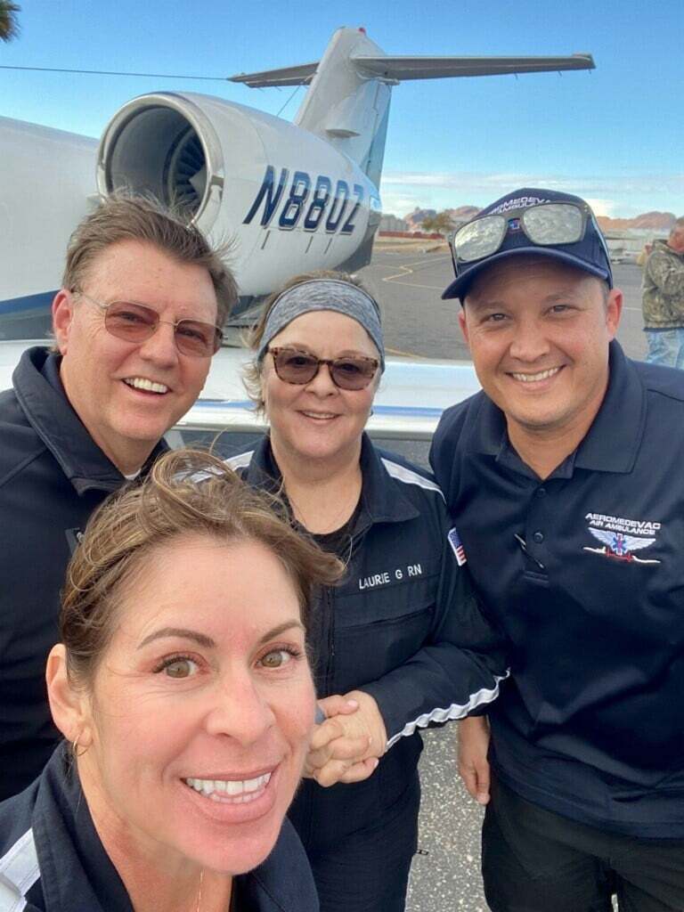 Pictured in this undated photo are Julian Jorge Bugaj (left), Tina Ward (front), Laurie Gentz (center) and Douglas James Grande (right), pilots and flight nurses aboard the Learjet 35A tail number N880Z that crashed in an El Cajon neighborhood Monday night.