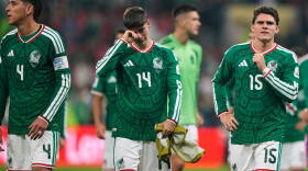 Mexico players react following the World Cup round of 16 soccer match between Mexico and England in Mexico City, Sunday, July 5, 2026.