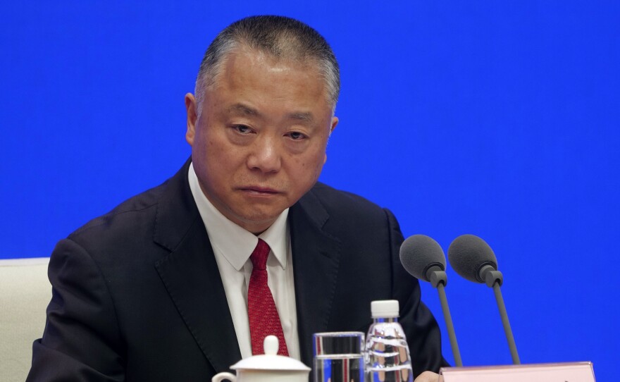 Liu Yuejin of China's National Narcotics Control Commission speaks at a Beijing press conference on Monday. He announced that all fentanyl-related drugs will become controlled substances, effective May 1.
