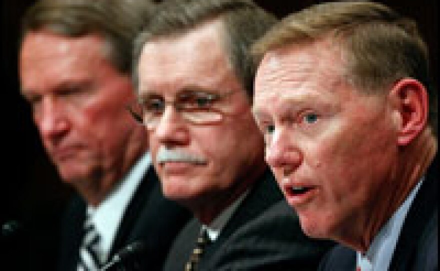 Ford Motor Co. CEO Alan Mulally (from right) testifies Thursday before the Senate Banking Committee on a plan to rescue the U.S. auto industry as United Auto Workers President Ron Gettelfinger and General Motors CEO Rick Wagoner look on.