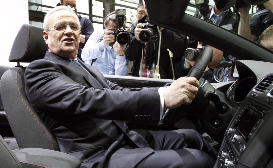 Then-CEO Martin Winterkorn poses at Volkswagen's annual press conference in Wolfsburg, Germany, in 2012. He resigned his post last month following revelations that VW cheated on emissions tests.