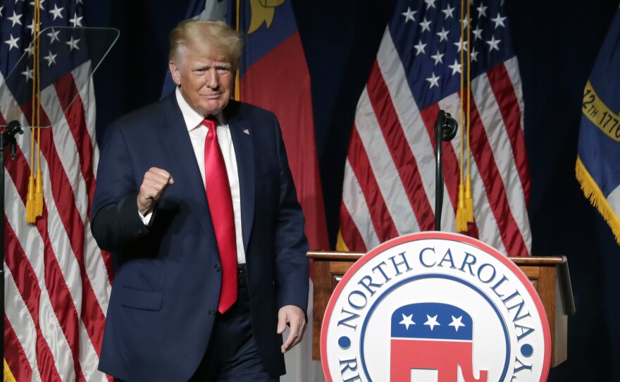 Former President Donald Trump hit many of the touchstones of his culture war, grievance-based politics at the North Carolina Republican Convention Saturday in Greenville, N.C.