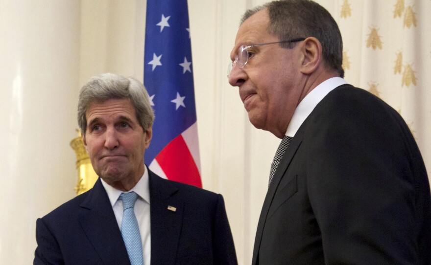 Secretary of State John Kerry shakes hands with Russian Foreign Minister Sergey Lavrov in Moscow on Tuesday.