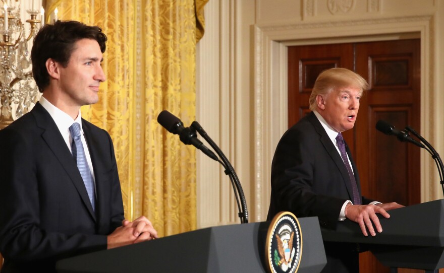 President Trump and Canadian Prime Minister Justin Trudeau participate in a joint news conference in the East Room of the White House on Monday.