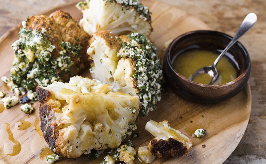 Deeply charred Roasted Whole Cauliflower with Feta