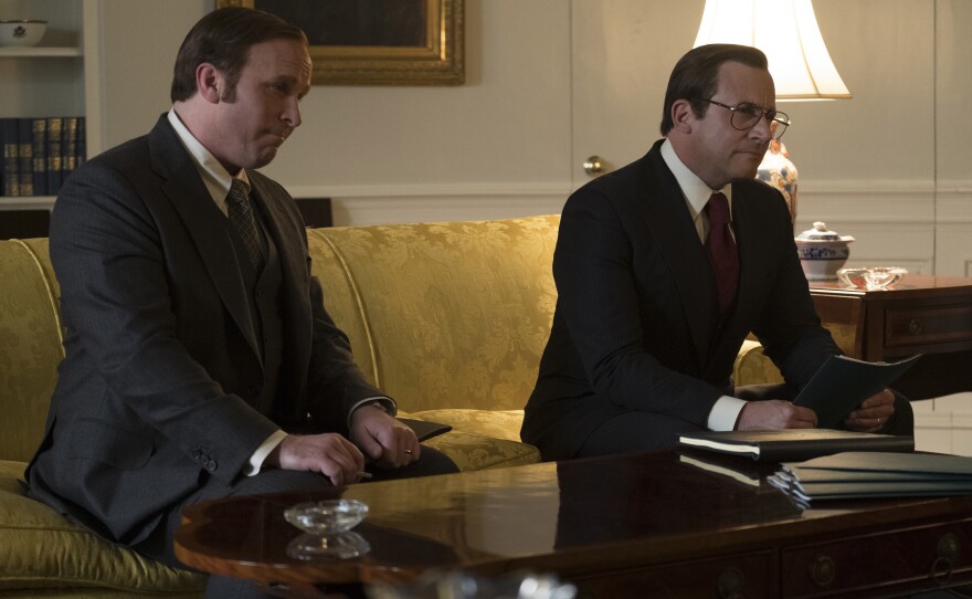 Dick Cheney (Christian Bale) with Donald Rumsfeld (Steve Carell) in "Vice."