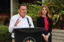 San Diego Unified board president Richard Barrera and vice president Shana Hazan speak outside the Eugene Brucker Education Center on Tuesday, June 23, 2026.