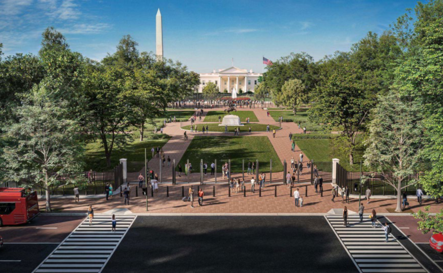 A rendering from the Trump administration's proposal shows what the fencing would look like, when open, looking south toward the White House from H Street.