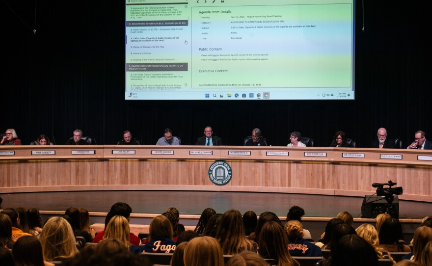 Grossmont Union High School District trustees sit before students, staff and community members at the board meeting on Jan. 15, 2026.