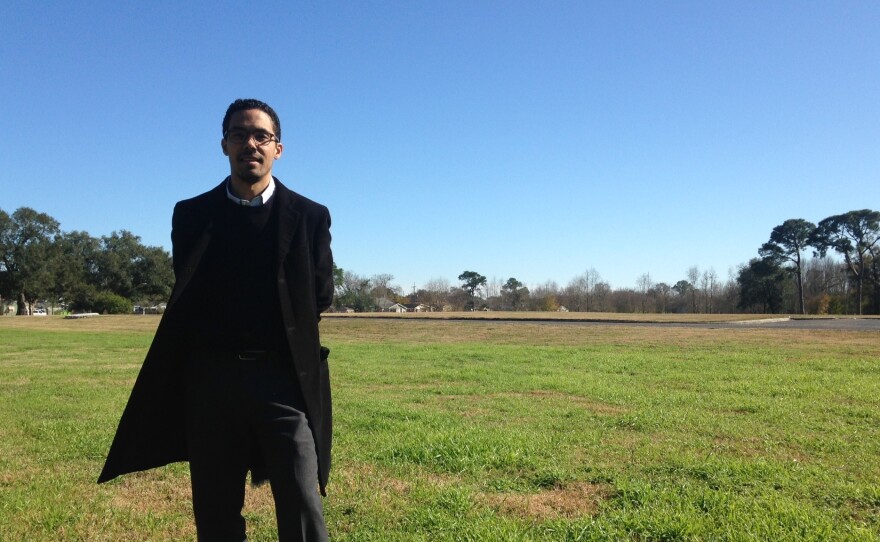 Jeff Hebert, who is leading New Orleans' efforts to adapt to rising sea levels, stands at the site of the future Mirabeau Water Garden, a federally funded project designed to absorb water in residential Gentilly.