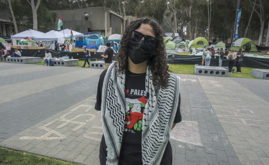 Hala Abdullah is a UC San Diego senior with extended family in the West Bank. She is staying in the encampment while also attending classes, La Jolla, Calif., May 2, 2024
