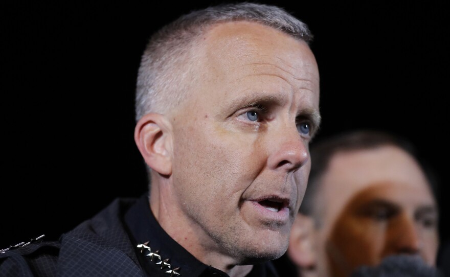 Austin's interim police chief Brian Manley briefs the media on March 21, 2018, in Round Rock, Texas. The suspect in a spate of bombing attacks that terrorized Austin blew himself up with an explosive device as authorities closed in.