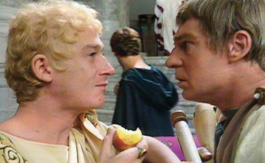 John Hurt (Caligula) and Derek Jacobi (Claudius) square off in the miniseries <em>I, Claudius.</em>