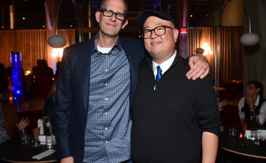 Pete Docter, Pixar Animation Studio's chief creative officer, left, and filmmaker Peter Sohn attend the World Premiere of <em>Elemental</em> at the Academy Museum of Motion Pictures in Los Angeles on June 8, 2023.